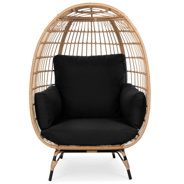 FastFurnishings Oversized Patio Lounger Indoor/Outdoor Wicker Egg Chair Black 