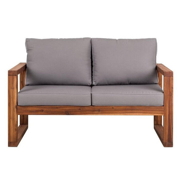 FastFurnishings FarmHouse Modern Outdoor Acacia Loveseat with Grey Cushion 