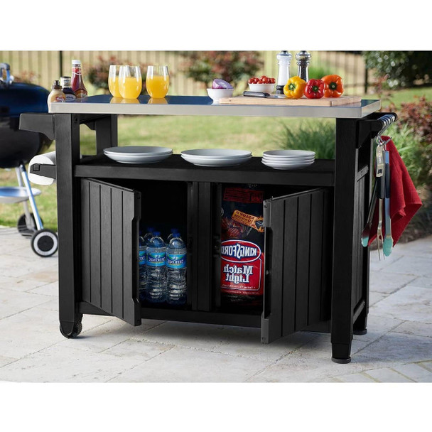 FastFurnishings Outdoor Grill Party Bar Serving Cart with Storage in Graphite Grey 