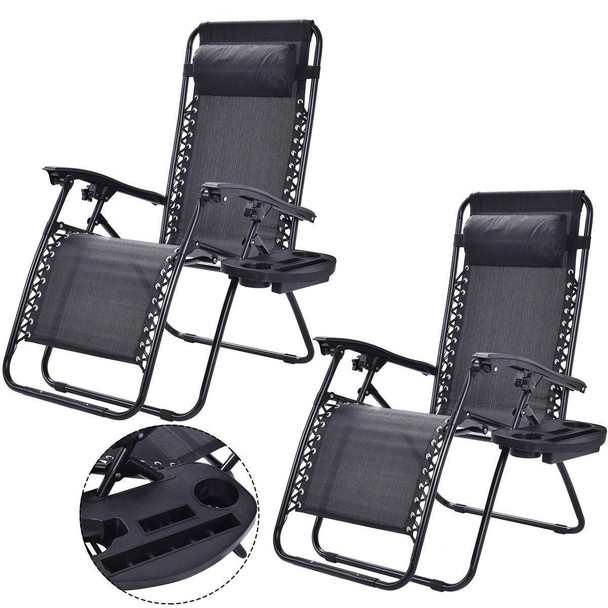 FastFurnishings Set of 2 Black Folding Outdoor Zero Gravity Lounge Chair Recliner 