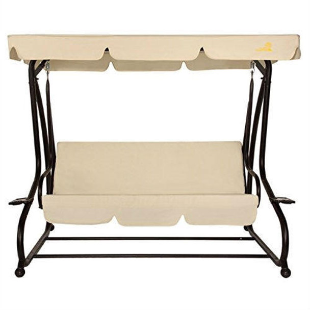 FastFurnishings Outdoor 3-Seat Canopy Swing with Beige Cushions for Patio Deck or Porch 