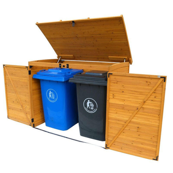 FastFurnishings Outdoor 65 x 38 inch Wood Storage Shed for Trash Garbage Recycle Bins 
