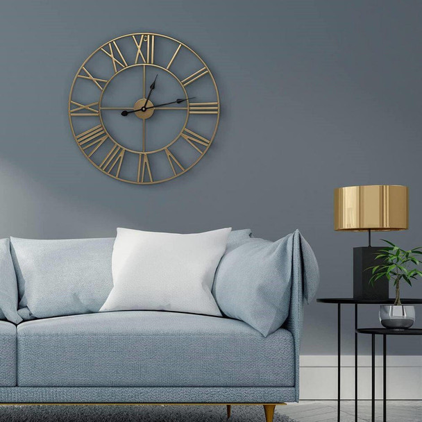 FastFurnishings Round 24-inch Decorative Gold Metal Wall Clock Roman Numerals and Black Hands 