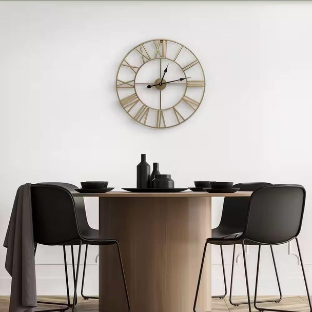 FastFurnishings Round 24-inch Decorative Gold Metal Wall Clock Roman Numerals and Black Hands 