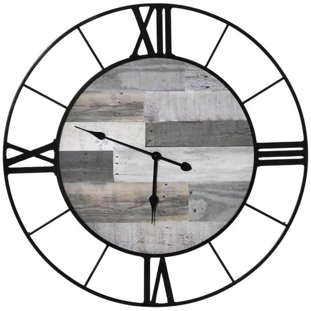 FastFurnishings Large 32-inch Roman Numeral Wall Clock Black Metal with Grey Wood Interior 