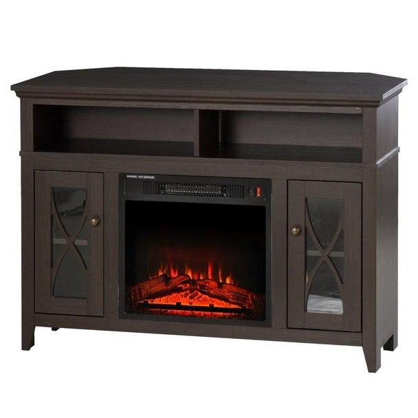 FastFurnishings Espresso Electric Fireplace Mantel TV Stand w/ Adjustable Shelves 2 Storage Cabinets 