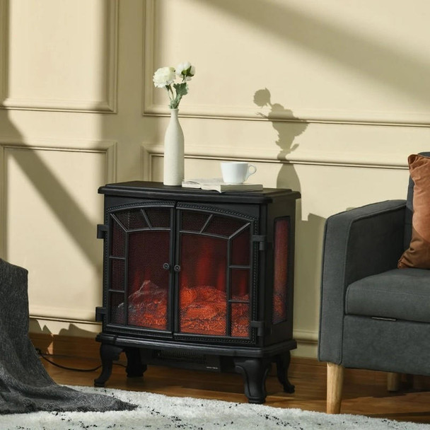 FastFurnishings Black Remote Controlled Electric Fireplace Heater Realistic LED Flames and Logs 
