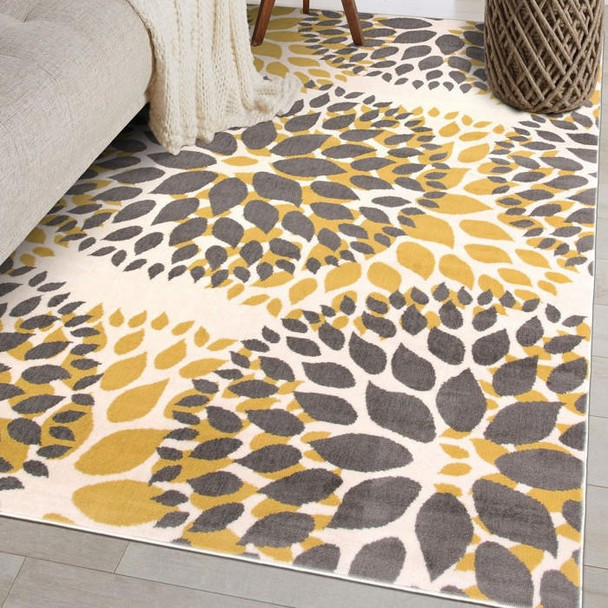 FastFurnishings 3'1" x 5' Grey Yellow Floral Woven Stain Resistant Polypropylene Area Rug 