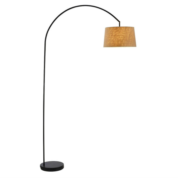 FastFurnishings Modern Arching Floor Lamp in Matte Black with Taupe Burlap Fabric Drum Shade 