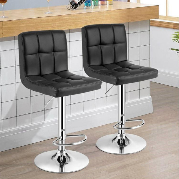 FastFurnishings Set of 2 Modern Adjustable Height Bar Stools with Black PU Leather Swivel Seat 