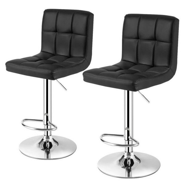 FastFurnishings Set of 2 Modern Adjustable Height Bar Stools with Black PU Leather Swivel Seat 