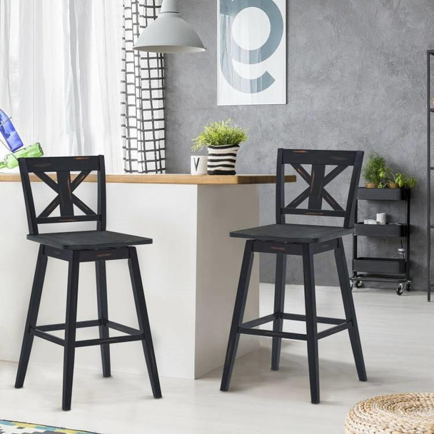 FastFurnishings Set of 2 Black Wood 29-in Modern Kitchen Dining Farmhouse Swivel Seat Barstools 