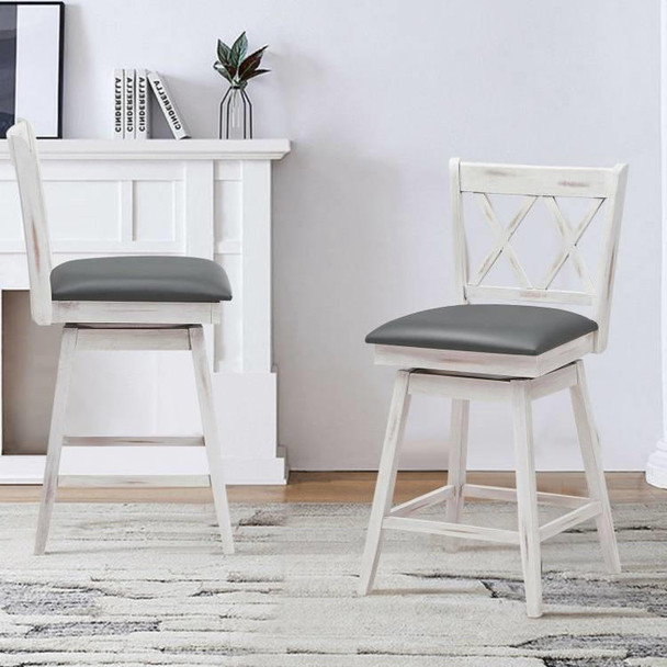 FastFurnishings Set of 2 White Wood 24-in Counter Height Farmhouse Swivel Cushion Seat Barstools 