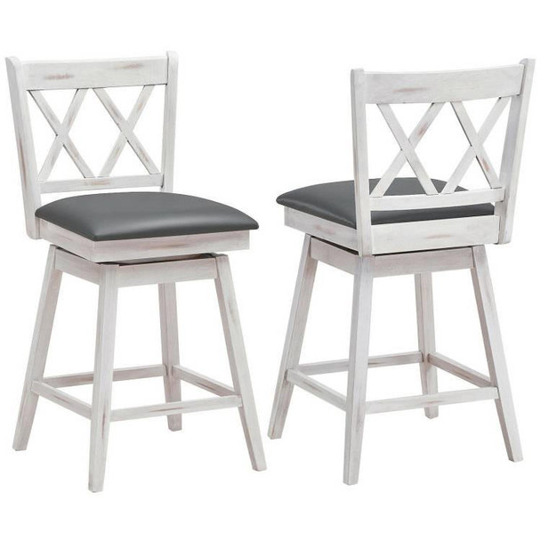 FastFurnishings Set of 2 White Wood 24-in Counter Height Farmhouse Swivel Cushion Seat Barstools 