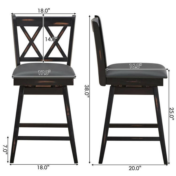 FastFurnishings Set of 2 Black Wood 24-in Counter Height Farmhouse Swivel Cushion Seat Barstools 