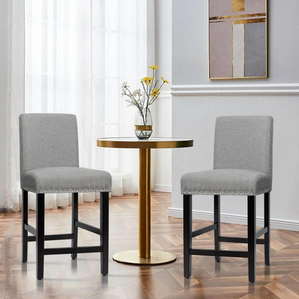 FastFurnishings Set of 2 Modern Kitchen Dining Barstools w/ Black Wood Legs and Grey Linen Seat 