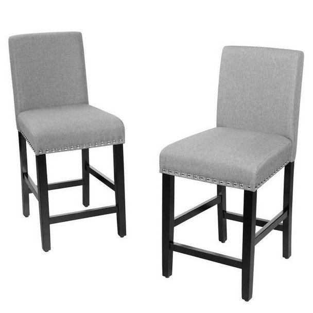 FastFurnishings Set of 2 Modern Kitchen Dining Barstools w/ Black Wood Legs and Grey Linen Seat 