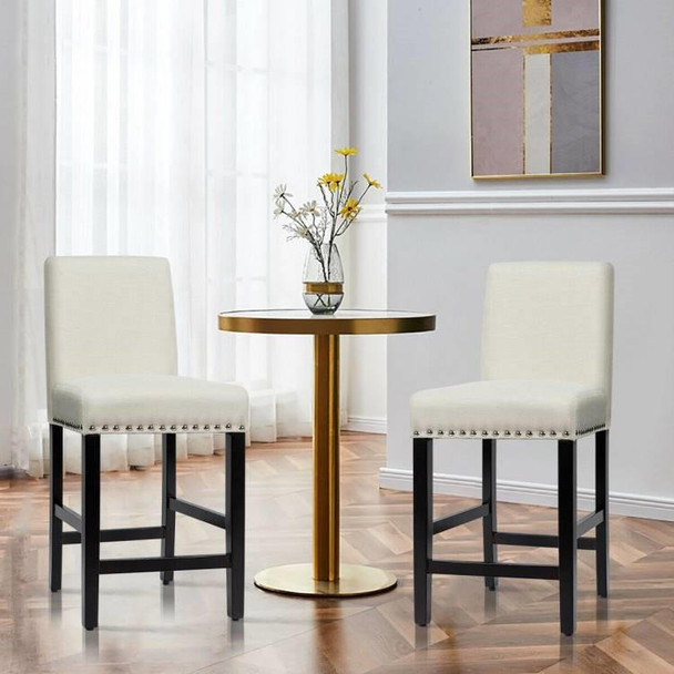 FastFurnishings Set of 2 Modern Kitchen Dining Barstools w/ Black Wood Legs and Beige Linen Seat 