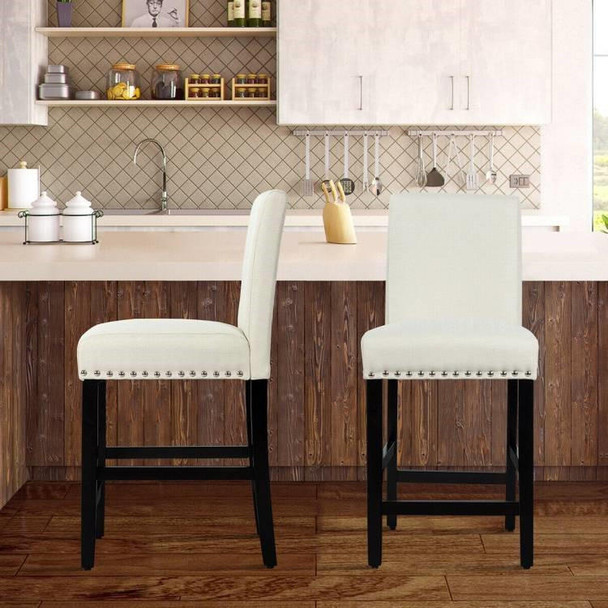 FastFurnishings Set of 2 Modern Kitchen Dining Barstools w/ Black Wood Legs and Beige Linen Seat 