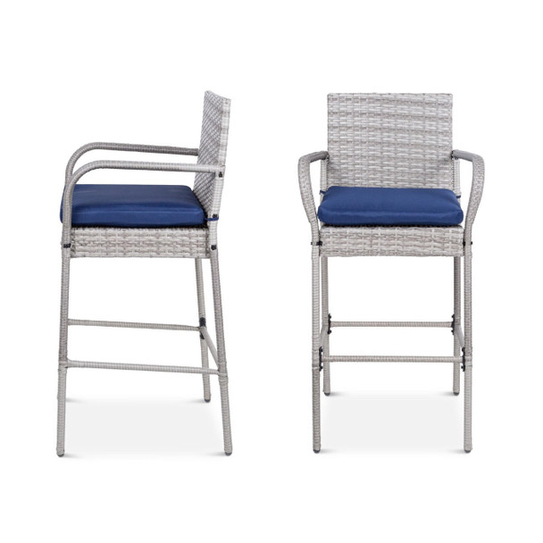 FastFurnishings Set of 2 Grey Indoor/Outdoor Wicker Bar Stools w/ 2 Blue Cushions 