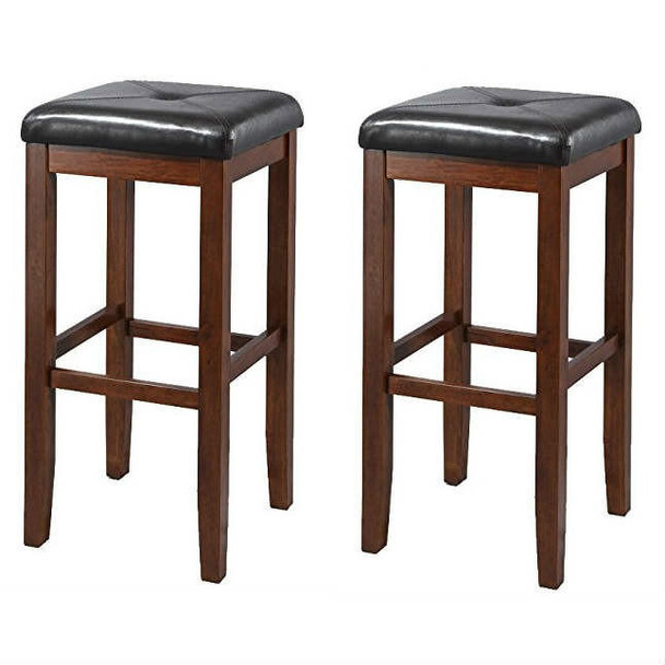 FastFurnishings Set of 2 Vintage Mahogany Stools with Black Upholstered Seat 