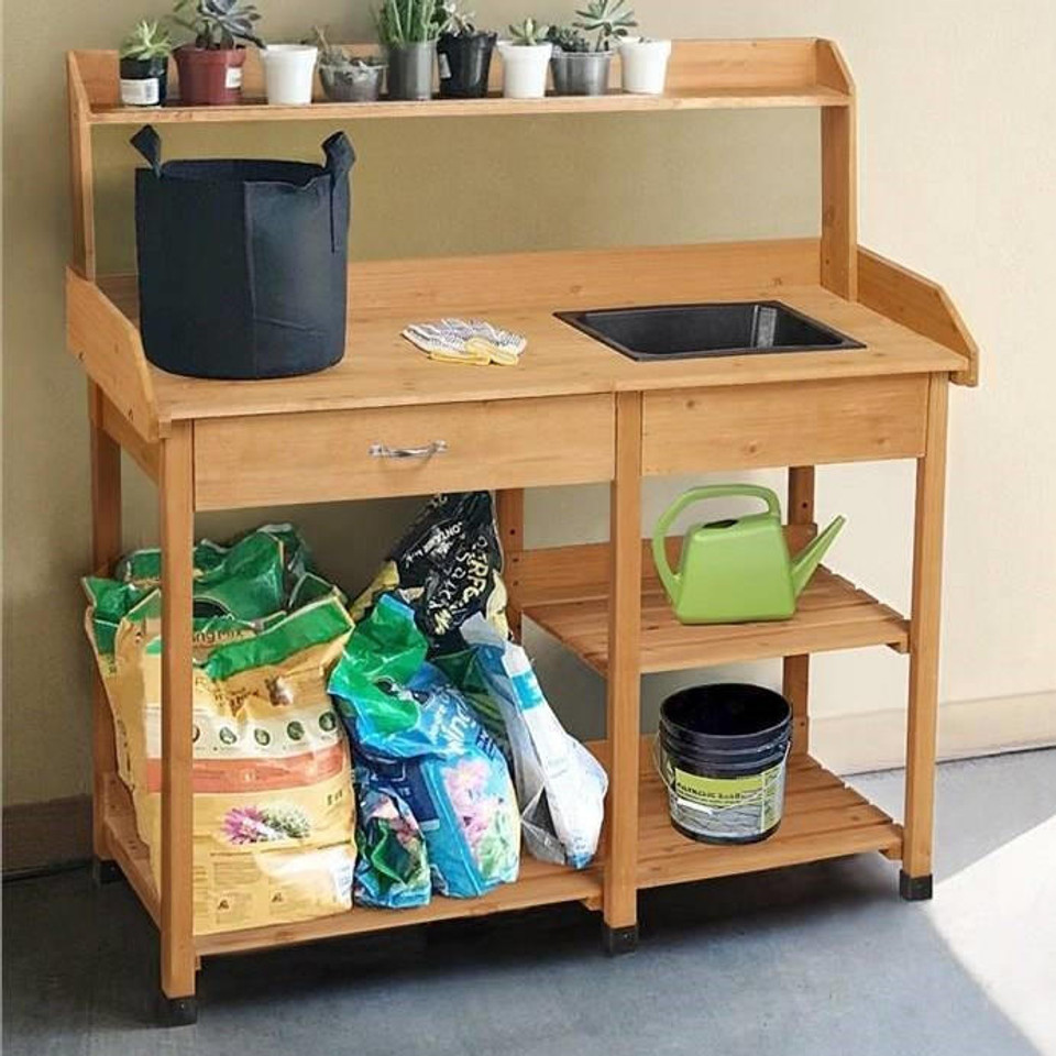 FastFurnishings Outdoor Garden Wood Potting Bench Work Table with Sink in Light Wood Finish 