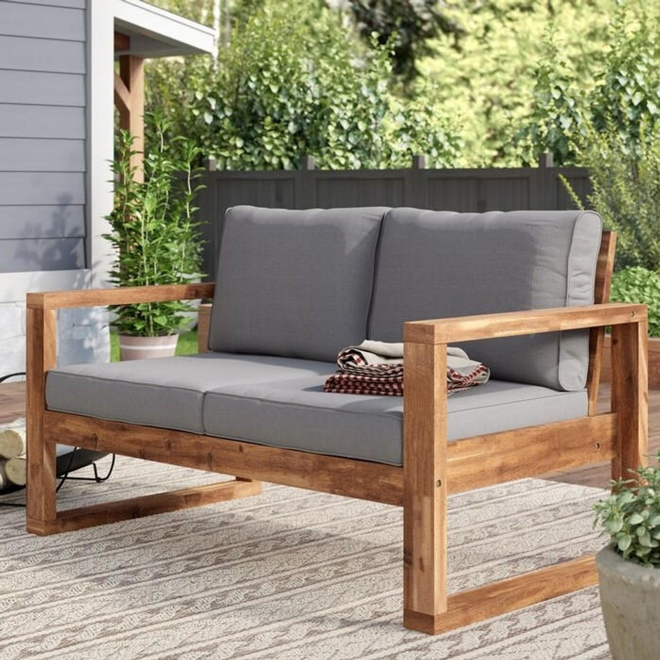 FastFurnishings FarmHouse Modern Outdoor Acacia Loveseat with Grey Cushion 