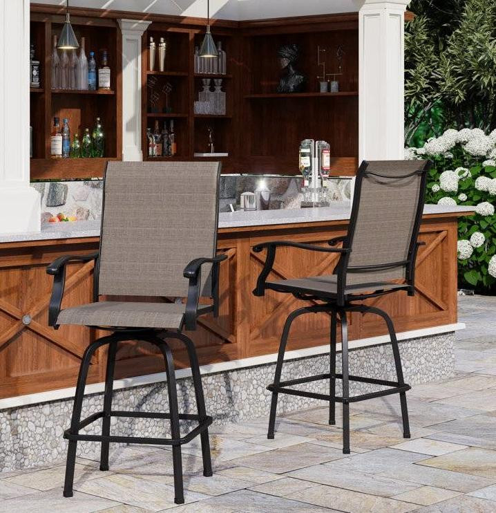 FastFurnishings Set of 2 Brown Outdoor Swivel Barstools with Sling Fabric 