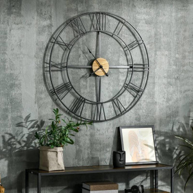 36-inch Metal Silent Wall Clock with Roman Numerals and Wooden Center ...