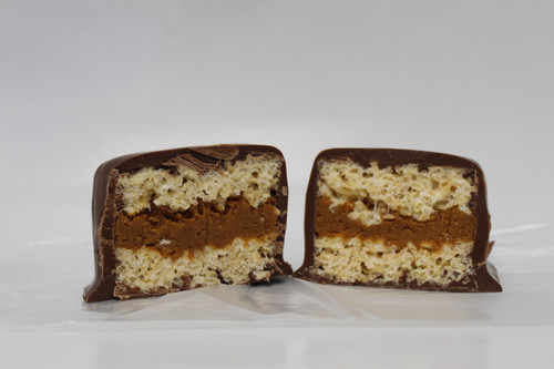 Two Homemade Rice Krispy's Sandwiching our Homemade PeanutButter and then fully dunked in Chocolate! 