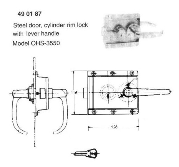 STEEL DOOR CYLINDER RIM LOCK WITH LEVER HANDLE OHS#3550