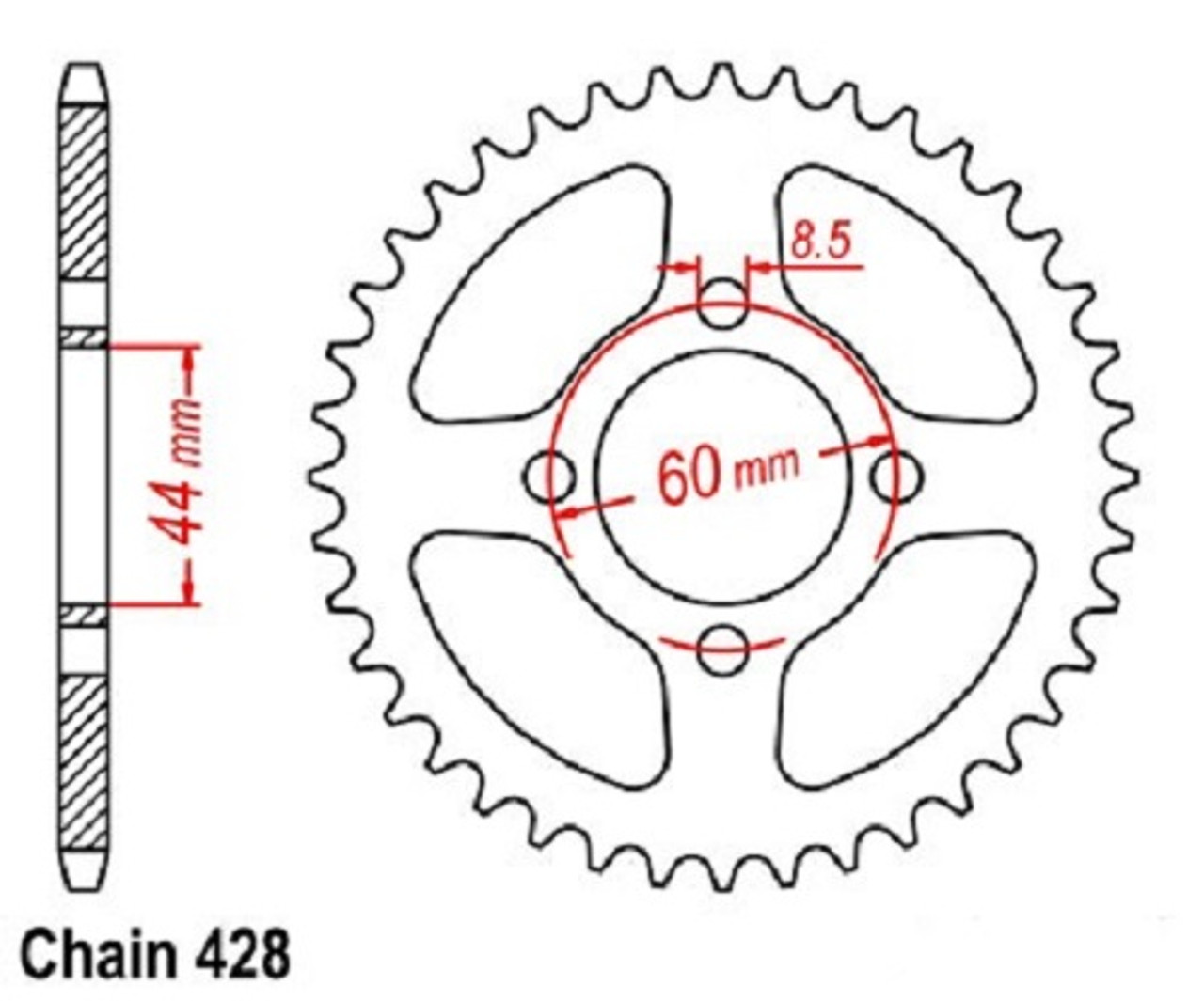 Coolster 428 Kayo Bull Storm 180 rear sprocket for 110cc and 125cc ATV - 60mm mounting diameter