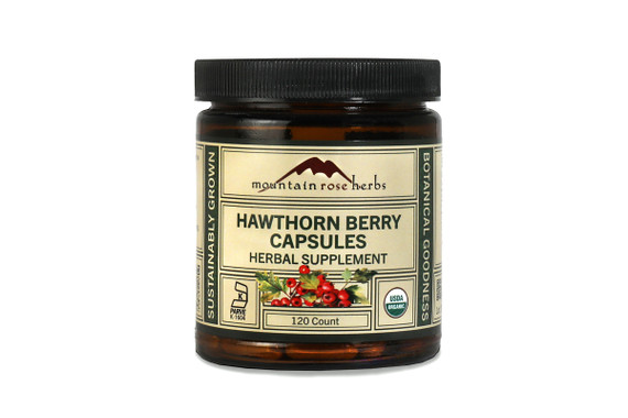 Hawthorn berry capsules in amber jar