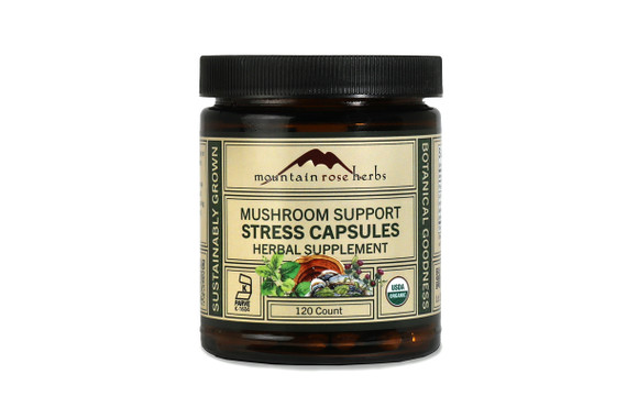 Stress support mushroom capsules in amber jar