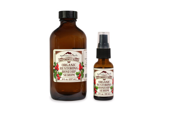 Restoring Rosehip Serum packaged in 8 oz. and 1 oz. glass bottles.