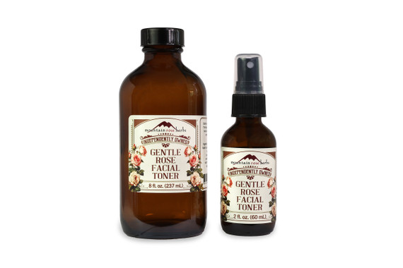 Gentle rose facial toner packaged in 8 oz. and 2 oz. glass bottles.