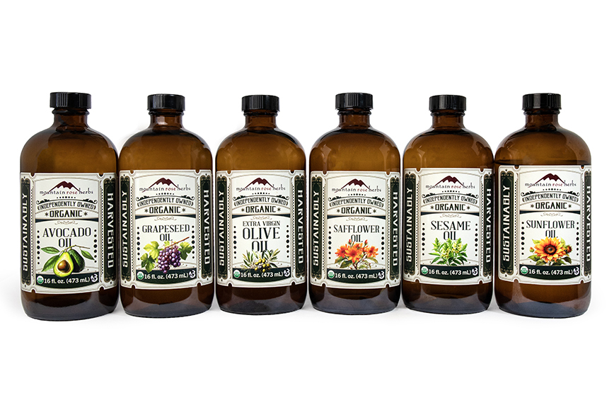 Bottles of Mountain Rose Herbs' New Culinary Oil Labels