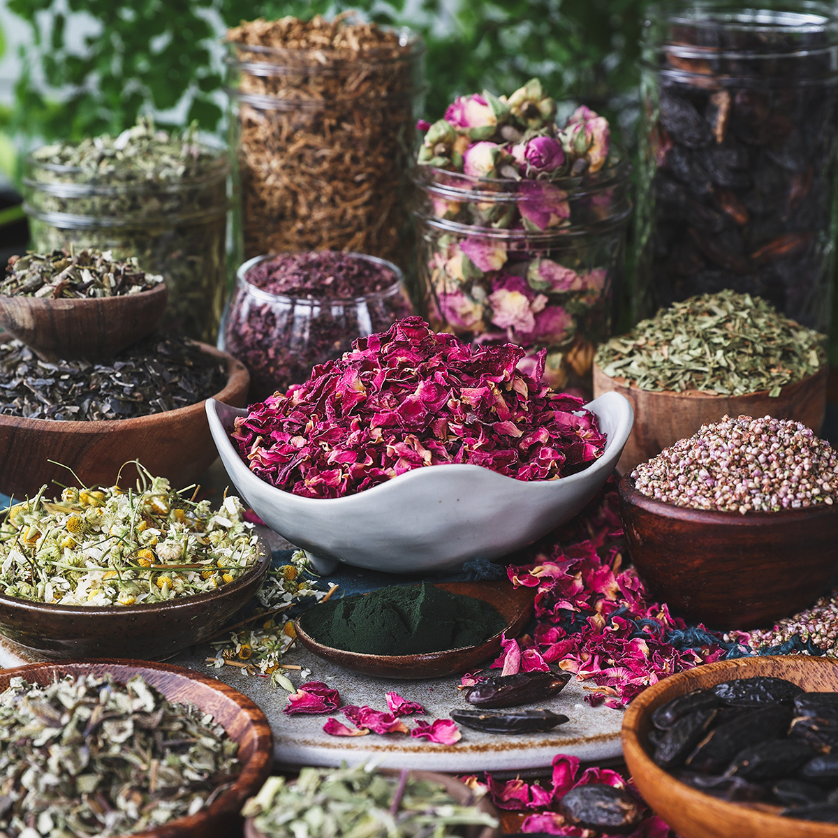 Colorful image of flowers, herbs, and powders.