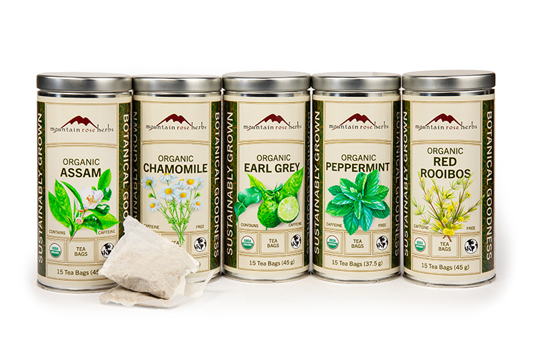 Tins of  Mountain Rose Herbs' bagged organic tea