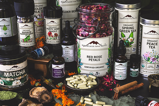 Bottles and Jars of Mountain Rose Herbs' offerings.  