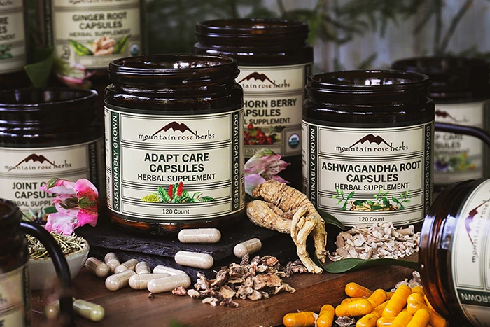 Jars of Mountain Rose Herbs capsules