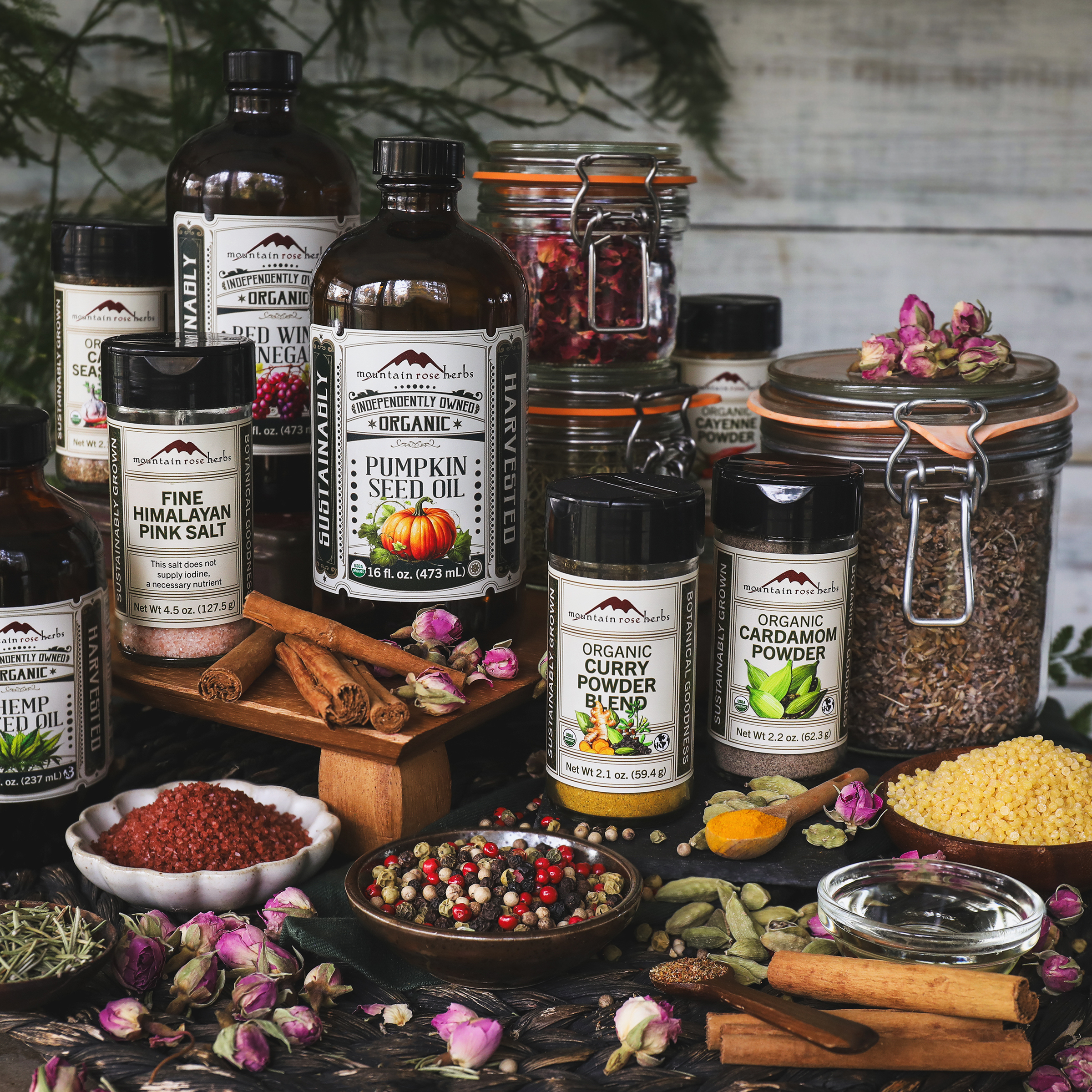 Bottles of Mountain Rose Herbs Ingredients