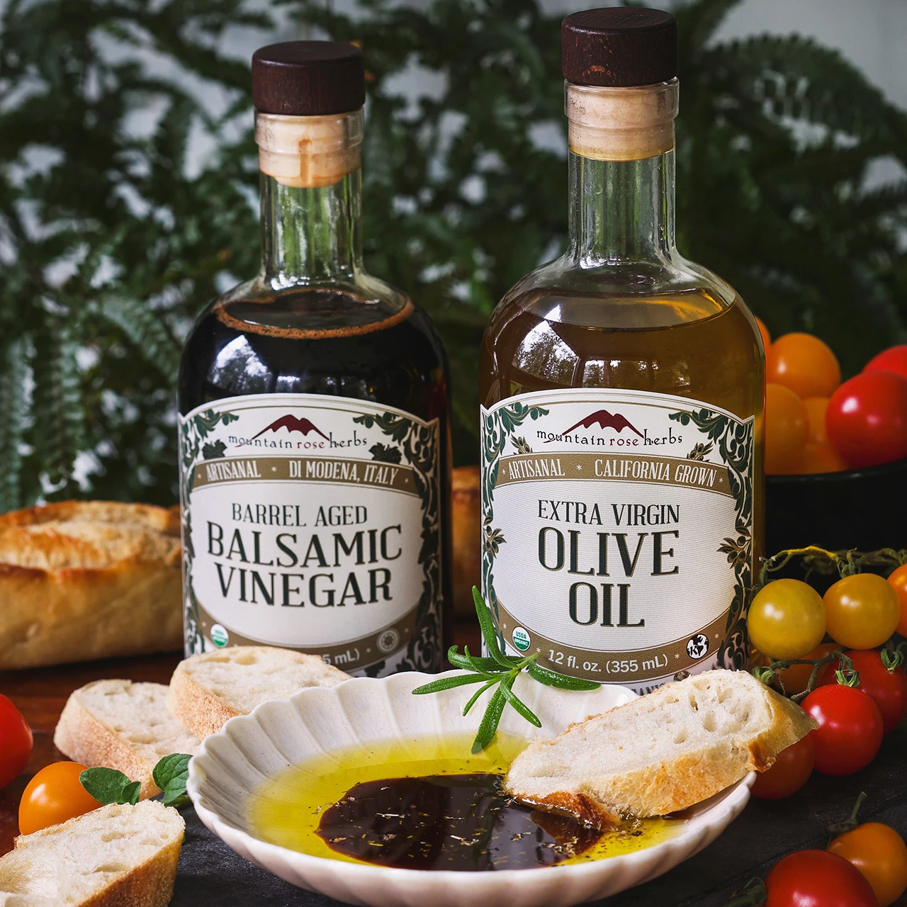 Bottles of Mountain Rose Herbs' Artisanal Olive Oil and Balsamic