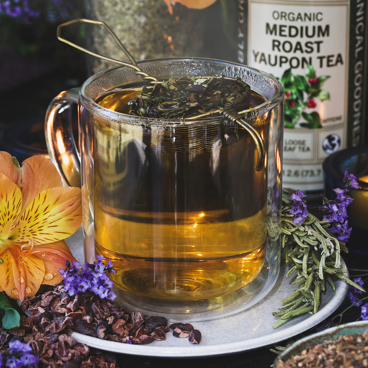 Mug of tea with yaupon tea tin in background. 
