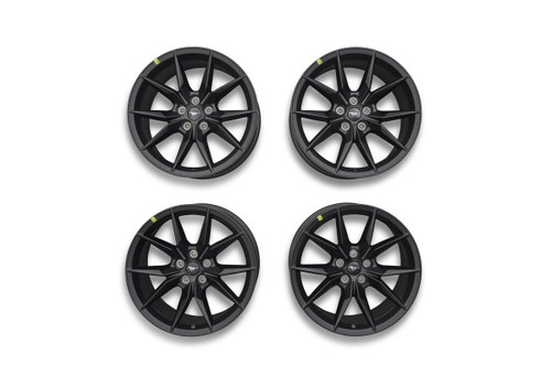 Fits 2024-2025 Mustang
Originally from Dark Horse (Non-Performance Pack)
Black painted finish 
Includes
Qty.2 19" x 9.5" offset 40mm front wheels 
Qty.2 19" x 10" offset 52.5mm rear wheels 
Qty.4 Mustang Center Caps    
TPMS Sensor Kit M-1180-433MHZ2  
Also available: 
Sinister Bronze: M-1007K-DHSB 
Battleship Grey: M-1007K-DHBG  
