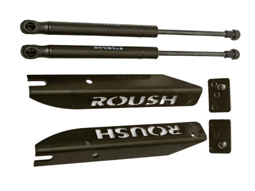 You've spent the time getting your engine ready for a show. Now take the final step in showcasing your engine by adding/installing a set of Roush Mustang Hood Struts to your 2005-2014 Mustang. These Mustang gas-charged hood struts eliminate the need for the factory hood-prop rod and lift the hood to a greater angle allowing easier view on the entire engine compartment and allowing more light to shine in to showcase your pride-and-joy, the Mustang engine.
Roush hood struts use the factory OEM attachment points and no drilling required. The kit contains black e-coated stainless steel brackets with the Roush logo laser cut into the brackets and heavy duty gas-charged struts.
These Roush Mustang hood struts fit all 2005-2014 Mustangs including the GT, V6, Roush, Shelby, Boss, Bullitt, Saleen, and SMS. These gas-charged struts are designed and engineered to work with the factory hood design and weight.