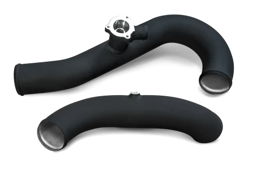 Direct bolt-on replacement
2.5" hot-side piping and 2.75" cold-side piping in wrinkle black finish
Mandrel-bent aluminum construction features significantly improved thermal capacity and 1/3 of the weight when compared to stainless steel alternatives
Includes heavy-duty t-bolt clamps and ultra-resistant 4-ply couplers
Designed for use with all aftermarket or stock intercoolers
CNC-machined DV flange (hot-side pipe)
1/8th in. NPT bung (cold-side pipe)

CVF Lifetime Warranty
 

IMPROVES PERFORMANCE
The Intercooler Charge Pipe Kit designed to improve the performance of your EcoBoost Mustang's turbo by improving the performance of your intercooler. This kit replaces the weak stock rubber hot-side and the restrictive cold-side piping with mandrel-bent aluminum tubing for smoother airflow.
QUALITY CONSTRUCTION
The 2.5" mandrel-bent aluminum Hot-side tubing features a CNC-machined BPV (bypass valve) flange. The mandrel bends allow for smooth air flow and the 4-layer silicone couplers with ultra-resistance fibers offer enhanced tolerance against heat and pressure.
Manufactured from lightweight 2.75" mandrel-bent aluminum tubing, the cold-side pipe features a 1/8th in. CNC-machined NPT bung (comes plugged).
STRAIGHTFORWARD INSTALLATION
Designed to install easily with basic hand tools, this Charge Pipe Kit requires no extra modifications and should only take you about 45 minutes to swap out. Complete with all necessary t-bolt clamps and ultra-resistant 4-ply couplers, this kit allows for a quick install.
APPLICATION

This part installs on the following vehicles:
2015-2023 Mustang 2.3L engines

