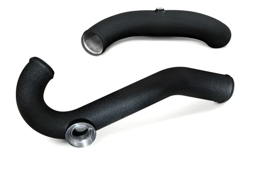 Direct bolt-on replacement
2.5" hot-side piping and 2.75" cold-side piping in wrinkle black finish
Mandrel-bent aluminum construction features significantly improved thermal capacity and 1/3 of the weight when compared to stainless steel alternatives
Includes heavy-duty t-bolt clamps and ultra-resistant 4-ply couplers
Designed for use with all aftermarket or stock intercoolers
CNC-machined HKS flange (hot-side pipe)
1/8th in. NPT bung (cold-side pipe)

CVF Lifetime Warranty
 

IMPROVES PERFORMANCE
The Intercooler Charge Pipe Kit with HKS Flange is designed to improve the performance of your EcoBoost Mustang's turbo by improving the performance of your intercooler. This kit replaces the weak stock rubber hot-side and the restrictive cold-side piping with mandrel-bent aluminum tubing for smoother airflow and facilitate the addition of a HKS blow off valve.
QUALITY CONSTRUCTION
The 2.5" mandrel-bent aluminum hot-side tubing features a CNC-machined BOV flange for use with a HKS BOV. The mandrel bends allow for smooth air flow and the 4-layer silicone couplers with ultra-resistance fibers offer enhanced tolerance against heat and pressure.
Manufactured from lightweight 2.75" mandrel-bent aluminum tubing, the cold-side pipe features a 1/8th in. CNC-machined NPT bung (comes plugged).
STRAIGHTFORWARD INSTALLATION
Designed to install easily with basic hand tools, this Charge Pipe Kit with HKS Flange requires no extra modifications and should only take you about 45 minutes to swap out. Complete with all necessary t-bolt clamps and ultra-resistant couplers, this kit allows for a quick install.
APPLICATION
This product requires an HKS SSQV blow off valve for installation.

This part installs on the following vehicles:
2015-2023 Mustang 2.3L engines