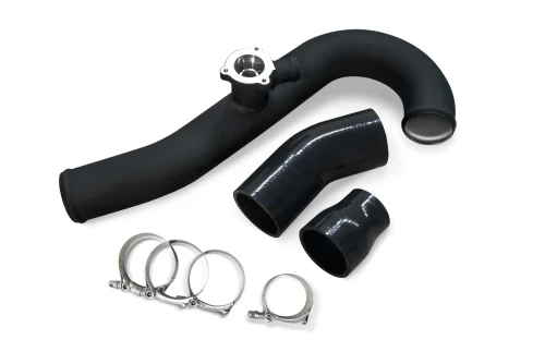 Direct bolt-on replacement
2.5" hot-side piping in wrinkle black finish
Mandrel-bent aluminum construction features significantly improved thermal capacity and 1/3 of the weight when compared to stainless steel alternatives
Includes heavy-duty t-bolt clamps and ultra-resistant 4-ply couplers
Designed for use with all aftermarket or stock intercoolers
CNC-machined DV flange

CVF Lifetime Warranty 

IMPROVES PERFORMANCE
Improve the performance of your EcoBoost intercooler by installing a Hot-side Aluminum Intercooler Pipe. Replace the restrictive stock hot-side pipe with a mandrel-bent aluminum tube for smoother air flow and impressive good looks.
QUALITY CONSTRUCTION
Manufactured from lightweight 2.5" mandrel-bent aluminum tubing, this Hot-side Intercooler Pipe features a CNC-machined BPV (bypass valve) flange that allows for installation of a stock BPV. The mandrel bends allow for smooth air flow and the 4-layer silicone couplers with ultra-resistance fibers offer enhanced tolerance against heat and pressure.
STRAIGHTFORWARD INSTALLATION
Designed to install easily with basic hand tools, this Hot-side Intercooler Pipe requires no extra modifications and should only take you about 30 minutes to swap out your old piping for this version. Complete with all necessary t-bolt clamps and ultra-resistant 4-ply couplers, this kit allows for a quick install.
APPLICATION

This part installs on the following vehicles:
2015-2023 Mustang 2.3L engines