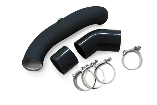 Direct bolt-on replacement
2.75" cold-side piping in wrinkle black finish
Mandrel-bent aluminum construction features significantly improved thermal capacity and 1/3 of the weight when compared to stainless steel alternatives
Includes heavy-duty t-bolt clamps and ultra-resistant 4-ply couplers
Designed for use with all aftermarket or stock intercoolers
1/8th in. NPT bung plug for meth injection (comes plugged)

CVF Lifetime Warranty
 
IMPROVES PERFORMANCE
Improve the performance of your 2015-2023 Mustang EcoBoost's intercooler by installing this Cold-side Intercooler Pipe. Replace the weak rubber cold-side pipe with a mandrel-bent aluminum tube for smoother air flow and impressive good looks.
QUALITY CONSTRUCTION
Manufactured from lightweight 2.75" mandrel-bent aluminum tubing, this Cold-Side Intercooler Pipe features a CNC-machined NPT bung that allows for quick installation of a meth injection kit. The mandrel bends allow for smooth air flow and the 4-layer silicone couplers with ultra-resistance fibers offer enhanced tolerance against heat and pressure.
STRAIGHTFORWARD INSTALLATION
Designed to install easily with basic hand tools, this Cold-side Intercooler Pipe requires no extra modifications and should only take you about 30 minutes to swap out. Complete with all necessary clamps and couplers, this kit allows for a quick install of a meth injection kit via the CNC-machined 1/8th in. NPT bung.
APPLICATION

This part installs on the following vehicles:
2015-2023 Mustang 2.3L engines